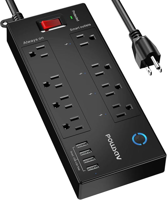 POWSAV 6 Ft WiFi Surge Protector - 8 Outlet Extension Cord with 4 Smart & 4 Always On Outlets, 4 USB Ports, Alexa & Google Home Compatible, Black