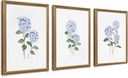 WRFON Blue Hydrangea Framed Wall Art Set of 3, Watercolor Floral Botanical Canvas Prints, Minimalist Flower Wall Decor for Dining Room Living Room Bedroom, Wood Frame 12x16 Inch