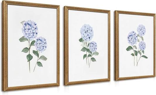 WRFON Blue Hydrangea Framed Wall Art Set of 3, Watercolor Floral Botanical Canvas Prints, Minimalist Flower Wall Decor for Dining Room Living Room Bedroom, Wood Frame 12x16 Inch
