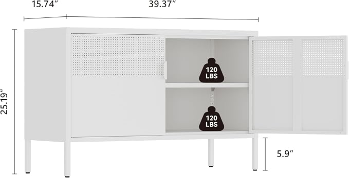 Metal Storage Cabinet,2 Door TV Stand, Metal Mesh Accent Cabinet,Magnetic Door Closure,Low Storage Cabinets with Doors and Shelf for Home,Office,Living Room