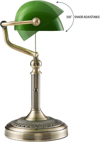 Green Glass Bankers Desk Lamp with Pull Chain Switch Plug in Fixture