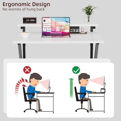 COTUBLR Small Desk, Small Computer Desk for Spaces, 27.5 Inch Computer Desk with Adjustable Monitor Stand, Compact Desk with Storage for Bedroom Home Office, White Tabletop+Black Frame