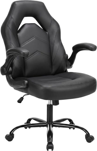 DUMOS Ergonomic Computer Gaming Chair - Home Office Desk with PU Leather Lumbar Support, Height Adjustable Big and Tall Video Game with Flip-up Armrest, Swivel Wheels for Adults, Black