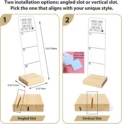 Monitor Memo Board with Removable Wooden Base Acrylic Portable Sticky Note Holder, I Work Hard So My Dog Can Have a Better Life Acrylic Message Board Sign, Sticky Notes 100 Sheets