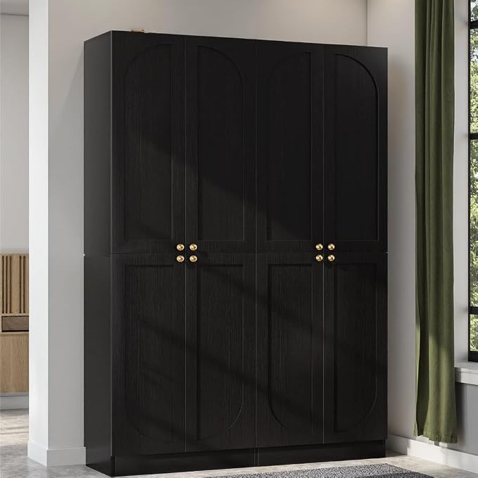 Cyclysio Storage Cabinet Set of 2, 80" Tall Arched Bookcase with 4 Soft Close Doors, 12-Tier Wooden 2 Set Pantry with Adjustable Shelves, Seamless Fit Wall for Home Office, Living Room, Kitchen