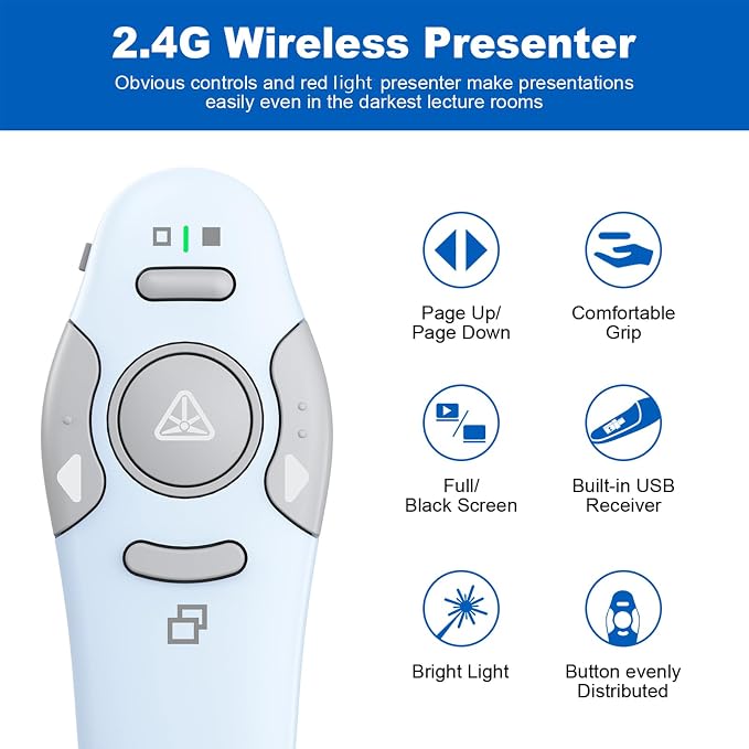 QUI Presentation Clicker Wireless Presenter Remote Clicker for PowerPoint Presentation Remote, PowerPoint Slide Advancer for Mac/Windows/Google Slide/Keynote, Blue, A-C