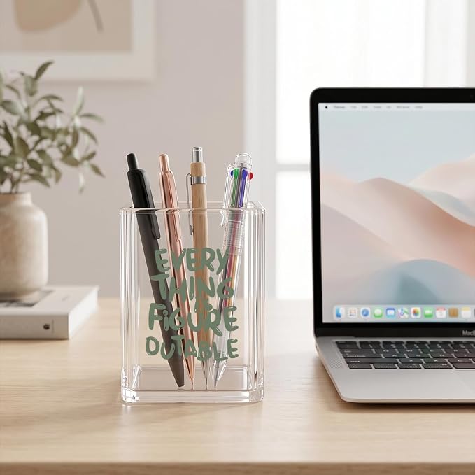 Everything is Figureoutable Funny Clear Acrylic Pen Holder - Makeup Brush Organizer, Inspirational Desk Decor, Motivational Gag Gift for Coworker, Boss, Teacher, Office Accessories