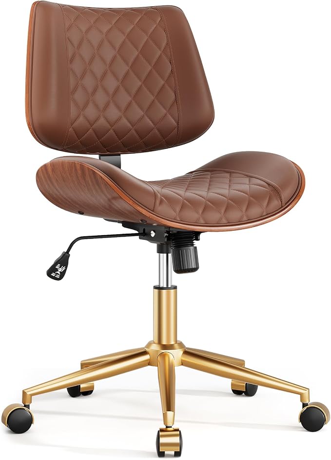 Home Office Desk Chair with Swivel Wheels, Modern PU Leather Armless Office Chair, Small Mid Back Computer Chair for Home Office, Reading Meeting Room (Coffee Brown, Gold Wheels)