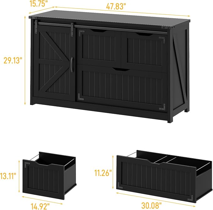 Halitaa 47.8” Farmhouse Lateral File Cabinet with Sliding Barn Door, 3 Drawers Filing Storage Cabinets with Adjustable Shelf, Office Printer Stand for Hanging Files Letter/Legal/A4/F4.Pure Black