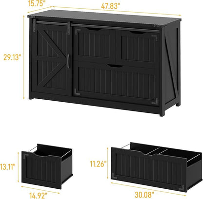 Halitaa 47.8” Farmhouse Lateral File Cabinet with Sliding Barn Door, 3 Drawers Filing Storage Cabinets with Adjustable Shelf, Office Printer Stand for Hanging Files Letter/Legal/A4/F4.Pure Black
