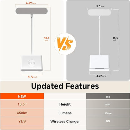 AXX 18 in Desk Lamp with Fast Wireless Charger for College Dorm Room, Adjustable LED Table Light for Home Office, White, Small, Cute