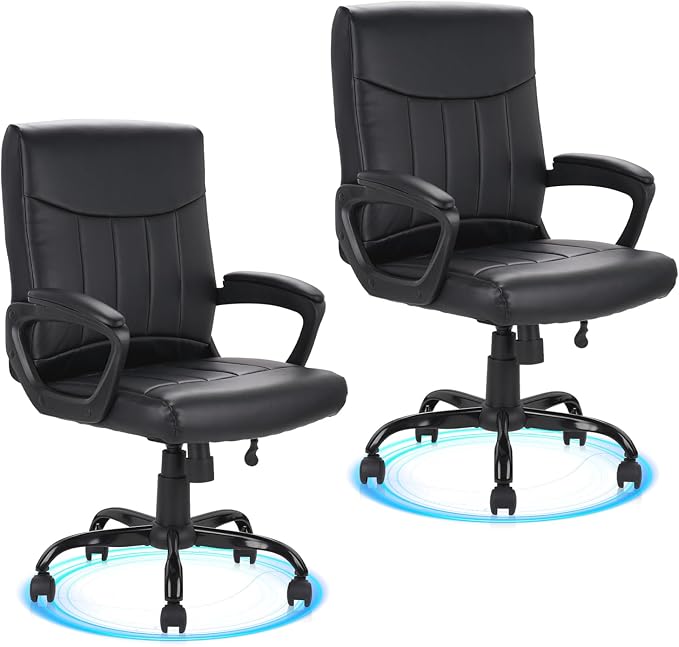 CLATINA Leather Office Executive Chair with Lumbar Support and Padded Armrestes, Swivel Rolling Ergonomic Mid Back Computer Task Desk Chair for Home, Conference, Waiting Room, Black, 2 Pack