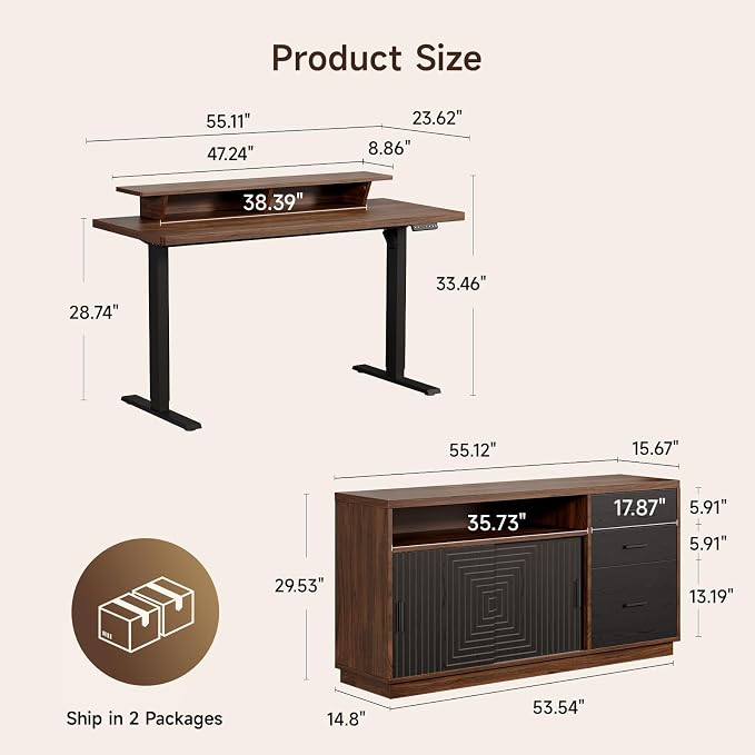ONBRILL 55" Electric Standing Desk with 55" File Cabinet, Adjustable Height Home Office Furniture Set with Monitor Stand and 3 Drawers, Executive Workstationfor Home Office, Walnut