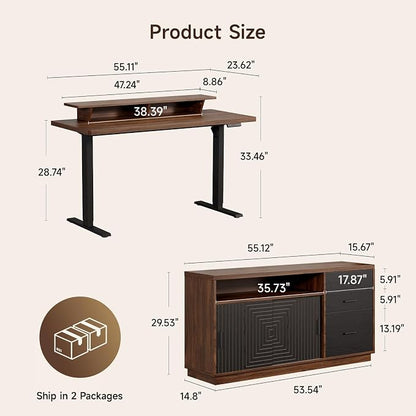 ONBRILL 55" Electric Standing Desk with 55" File Cabinet, Adjustable Height Home Office Furniture Set with Monitor Stand and 3 Drawers, Executive Workstationfor Home Office, Walnut