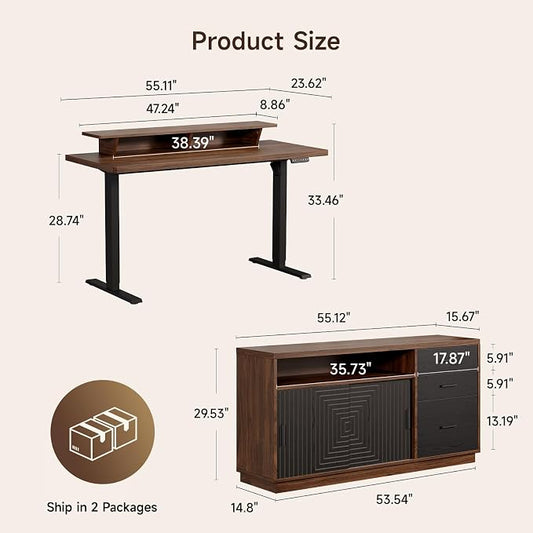 ONBRILL 55" Electric Standing Desk with 55" File Cabinet, Adjustable Height Home Office Furniture Set with Monitor Stand and 3 Drawers, Executive Workstationfor Home Office, Walnut