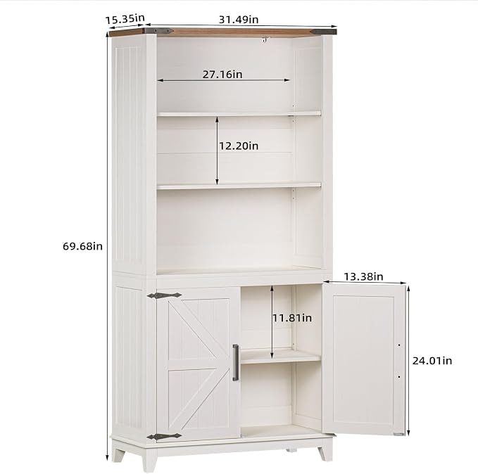 Joaxswe 5 Tier Bookshelf 70in Tall Bookcase with Barn Doors and Storage Cabinet, White Farmhouse Book Shelf with Adjustable Shelves, Wood Freestanding Display Bookshelves for Bedroom, Living Room