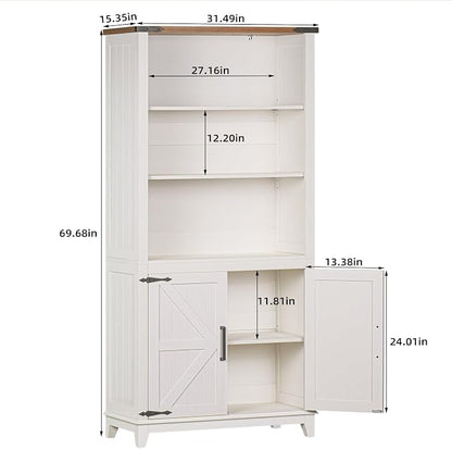 Joaxswe 5 Tier Bookshelf 70in Tall Bookcase with Barn Doors and Storage Cabinet, White Farmhouse Book Shelf with Adjustable Shelves, Wood Freestanding Display Bookshelves for Bedroom, Living Room