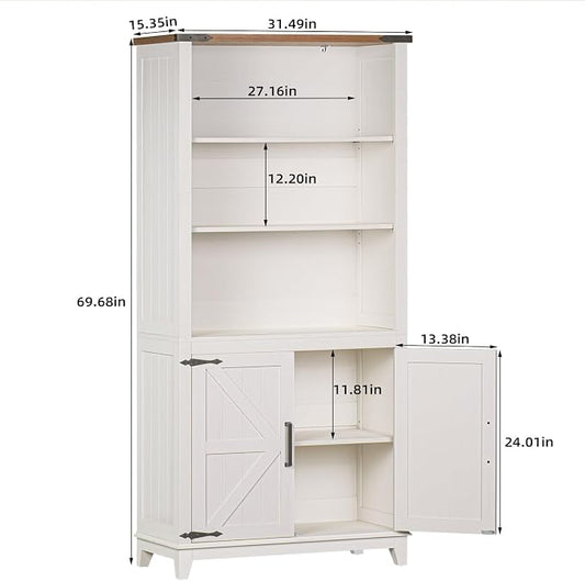 Joaxswe 5 Tier Bookshelf 70in Tall Bookcase with Barn Doors and Storage Cabinet, White Farmhouse Book Shelf with Adjustable Shelves, Wood Freestanding Display Bookshelves for Bedroom, Kitchen (2PCS)