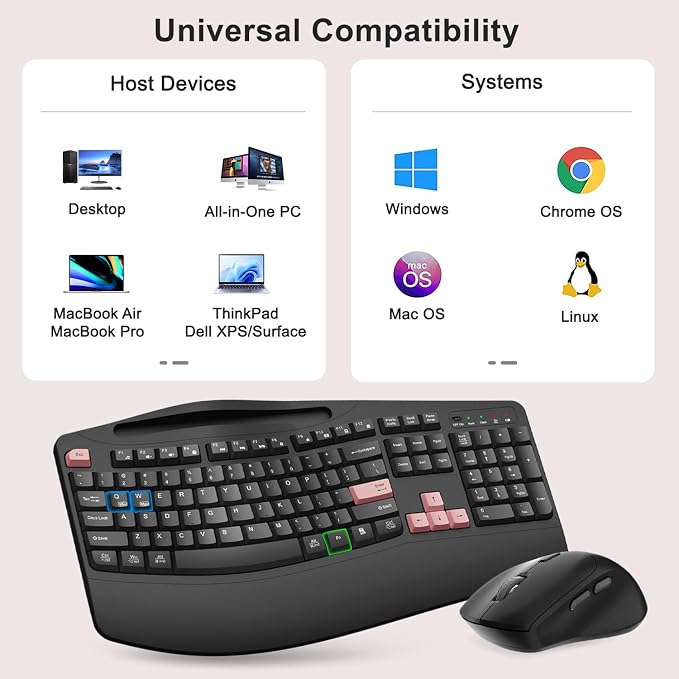 Wireless Keyboard and Mouse Combo, 2.4G Full Size Wave Keys Ergonomic Keyboard with Wrist Rest, Phone Holder, 3-Level DPI Wireless Silent Mouse with 6-Buttons, for Windows (Pink)