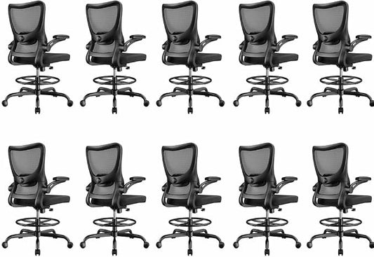 Marsail Drafting Chair, Tall Office Chair with 2D Lumbar Support, Standing Desk Chair with Padded Flip-Up Armrests & Adjustable Footrest Ring, Black,Pack of 10