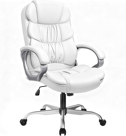 GUNJI Office Chair PU Leather High Back Executive Chair Ergonomic Computer Chair, Modern Adjustable Home Desk Chair Swivel Managerial Chair with Padded Armrests and Lumbar Support (White)