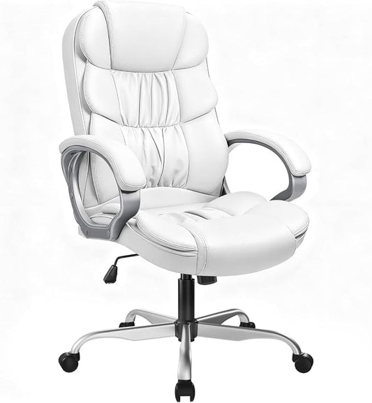 GUNJI Office Chair PU Leather High Back Executive Chair Ergonomic Computer Chair, Modern Adjustable Home Desk Chair Swivel Managerial Chair with Padded Armrests and Lumbar Support (White)