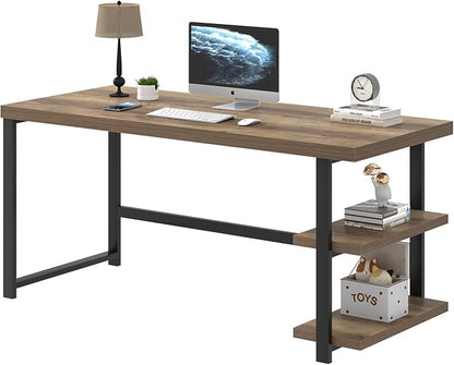 FOLUBAN 60 Inch Home Office Desk, Large Computer Desk with Storage Shelves, Modern Wood and Metal Writing Study Gaming Table Workstation for Living Room, Rustic Oak