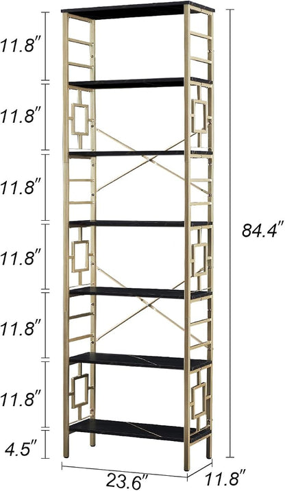 HOMISSUE Bookcase,7-Tier Tall Bookshelf Metal Bookcase and Bookshelves, Free Standing Storage Modern Bookshelf for Home Office Living Room and Bedroom, Black & Gold