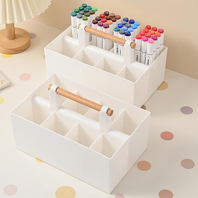 Buqoo Desk Organizer with 8 Compartments, Plastic Makeup Organizer with Wooden Handle, Pen Holder for Desktop Storage, Desk Organization for School, Home, Office Supplies (White)