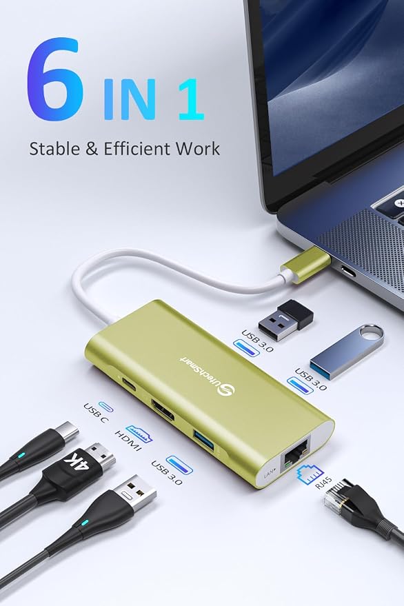 UtechSmart USB C Hub, USB C Ethernet Multiport Adapter, 6 in 1 USB C to HDMI Dock Compatible for MacBook Pro/Air, Chromebook, Dell XPS, HP (Gigabit Ethernet 100W PD 4K HDMI USB 3.0)(Gold), UCN3273