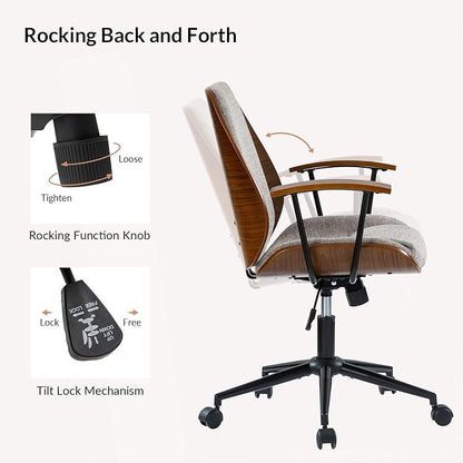 Modern Ergonomic Office Chair with Wood Frame & Metal Base, Swivel Home Office Desk Chairs with Adjustable Height, Comfy Upholstered Computer Chair, Tan