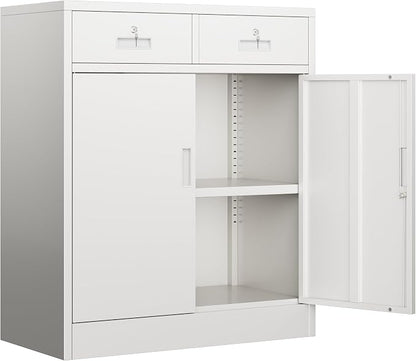BESFUR Metal Garage Storage Cabinet with Two Lockable Drawers 2 Locking Doors and an Adjustable Shelf, 36" White Metal Short Storage Cabinet for Home Office, Garage,School,Utility Room