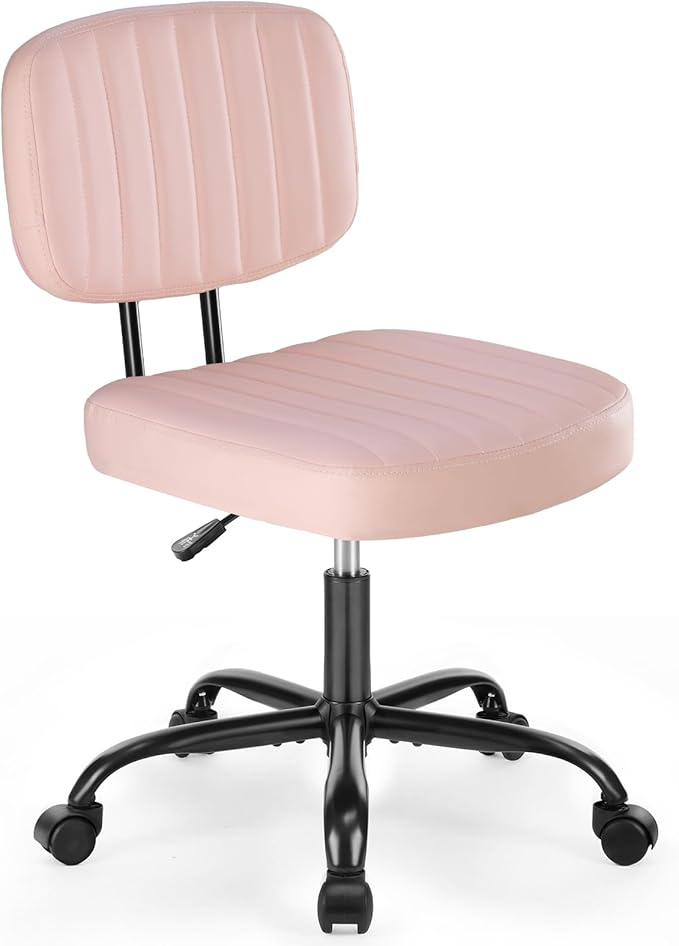 DUMOS Armless Home Office Chair: Small Desk Chair with Low Back Lumbar Support, Height Adjustable PU Leather Computer Task with 360° Swivel Wheels, for Adults, Pink