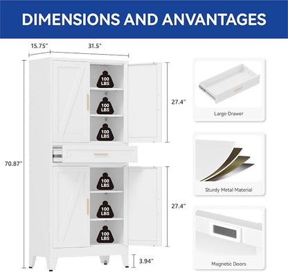 COFaR 71'' Tall Metal Pantry Cabinet with Drawer, Kitchen Storage Cabinet with 4 Doors and Shelves, Freestanding Farmhouse Food Cupboard for Kitchen Dinning Room Garage, White 6-Tier