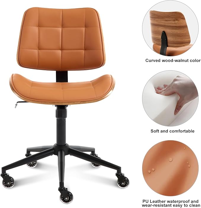 BV Armless Office Chair with Rubber Wheels, 360° Swivel Adjustable Task Chair, PU Leather Rolling Desk Chair for Home Office, Study and Conference Room, Brown