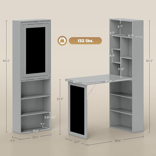 Foldable Wall Mounted Desk with Storage Shelves & Blackboard, Fold-Out Convertible Writing Table for Small Spaces | Space-Saving Floating Computer Desk for Home Office (Grey)