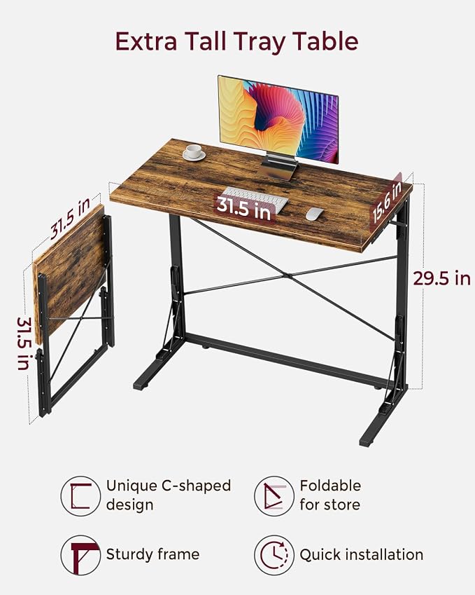 Vantic 31.5" Folding Desk, Foldable TV Tray Table for Eating on Couch, Extra Large TV Dinner Trays, Portable Fold Computer Writing Desk Table for Home Office, Rustic Brown
