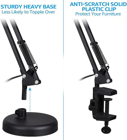 TORCHSTAR Metal Desk Lamp, Adjustable Swing Arm, E26, Black | Architect Gooseneck Multi-Joint Clip Table Lamp with Plastic Clamp, for Home Office, Work, Study, Reading, Bulbs not Included