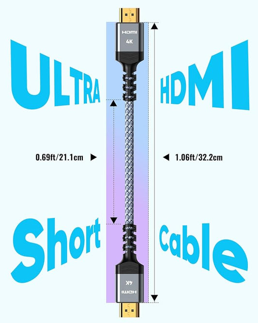 Highwings Ultra‑Short HDMI Cable, 1.06ft Total Length (0.69ft Cable Length), Braided 4K HDR Cord Specially for Compact/Tight Spaces, High Speed with Ethernet ARC 3D HDCP 2.2 for Monitor PC