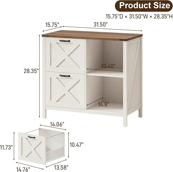 Halitaa 2 Drawer File Cabinet, Farmhouse Lateral Filing Cabinet Fits Files Letter or A4 Size, Wooden Printer Stand with Open Storage Adjustable Shelf for Home Office, Rustic White