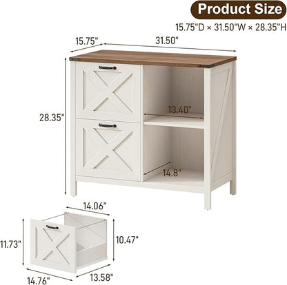 Halitaa 2 Drawer File Cabinet, Farmhouse Lateral Filing Cabinet Fits Files Letter or A4 Size, Wooden Printer Stand with Open Storage Adjustable Shelf for Home Office, Rustic White
