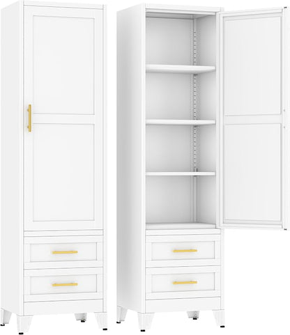 Ckzbx Tall Narrow Storage Cabinet, 66.93" H Tall Bathroom Cabinet Metal Pantry Cabinets with Drawers, 3 Adjustable Shelves, for Kitchen, Bathroom, Home Office, Living Room (White)