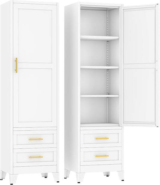 Ckzbx Tall Narrow Storage Cabinet, 66.93" H Tall Bathroom Cabinet Metal Pantry Cabinets with Drawers, 3 Adjustable Shelves, for Kitchen, Bathroom, Home Office, Living Room (White)