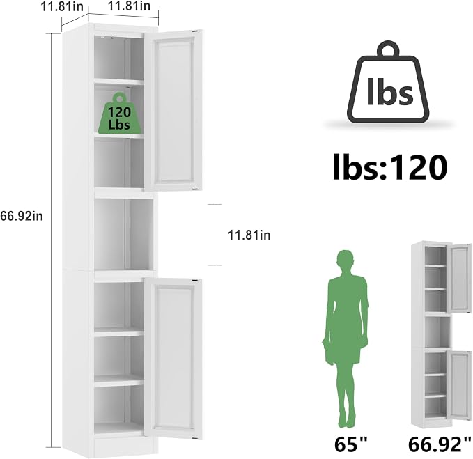 Ckzbx Tall Narrow Storage Cabinet 66.93" H Tall Bathroom Cabinets Metal Pantry Cabinet, 4 Adjustable Shelves for Kitchen, Home Office, Living Room, Dinning Room (12 inches Wide White)