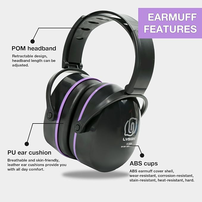 LYSIAN 31dB Hearing Protection Earmuffs, Foldable Adjustable Safety Ear Muffs for Shooting, Construction, Lawn Mowing, Adults
