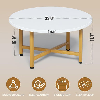 Coffee Table, 23.6" Small Coffee Tables, Gray Round Coffee Tables for Living Room, Floor Table for Sitting on The Floor, Center Coffee Table with Metal Frame for Office Apartment Home, Gold