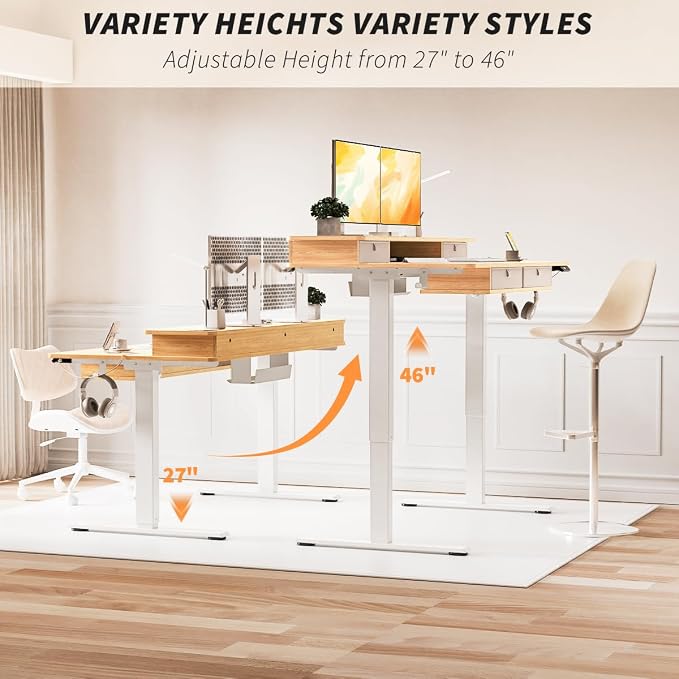 Kingant 63 x 30 Inch Electric Standing Desk with 4 Drawers, Adjustable Height Computer Desk for Home Office, Large Workstation Sit Stand Up Desk with Built-in USB A/C Ports, Nature