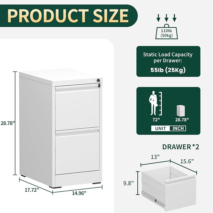 2 Drawer File Cabinet with Lock, Metal Vertical Filing Cabinet, Filing Cabinets for Home Office, Office Furniture Organization Hanging Files for A4/Legal/Letter, Require Assembly, White