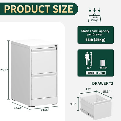 2 Drawer File Cabinet with Lock, Metal Vertical Filing Cabinet, Filing Cabinets for Home Office, Office Furniture Organization Hanging Files for A4/Legal/Letter, Require Assembly, White
