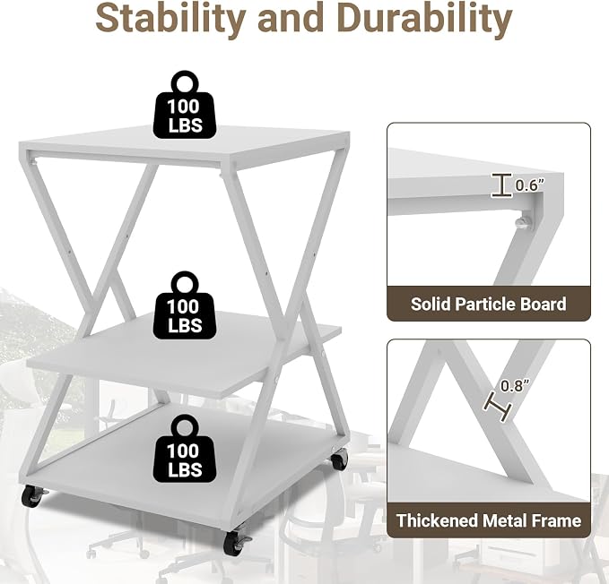 Natwind 3 Tier Printer Stand, 19.7''x19.7'' Large Printer Table with Height Adjustable Shelf, Rolling Printer Cart with Wheels,Multifunctional Organizer Shelf for Home Office Kitchen（White）